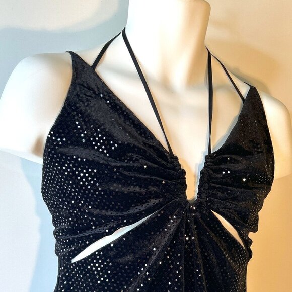 DO+BE SZ M Black Stretch Bodycon Halter Cutout Sequin Velvet Dress sexy club Y2K - Picture 2 of 9